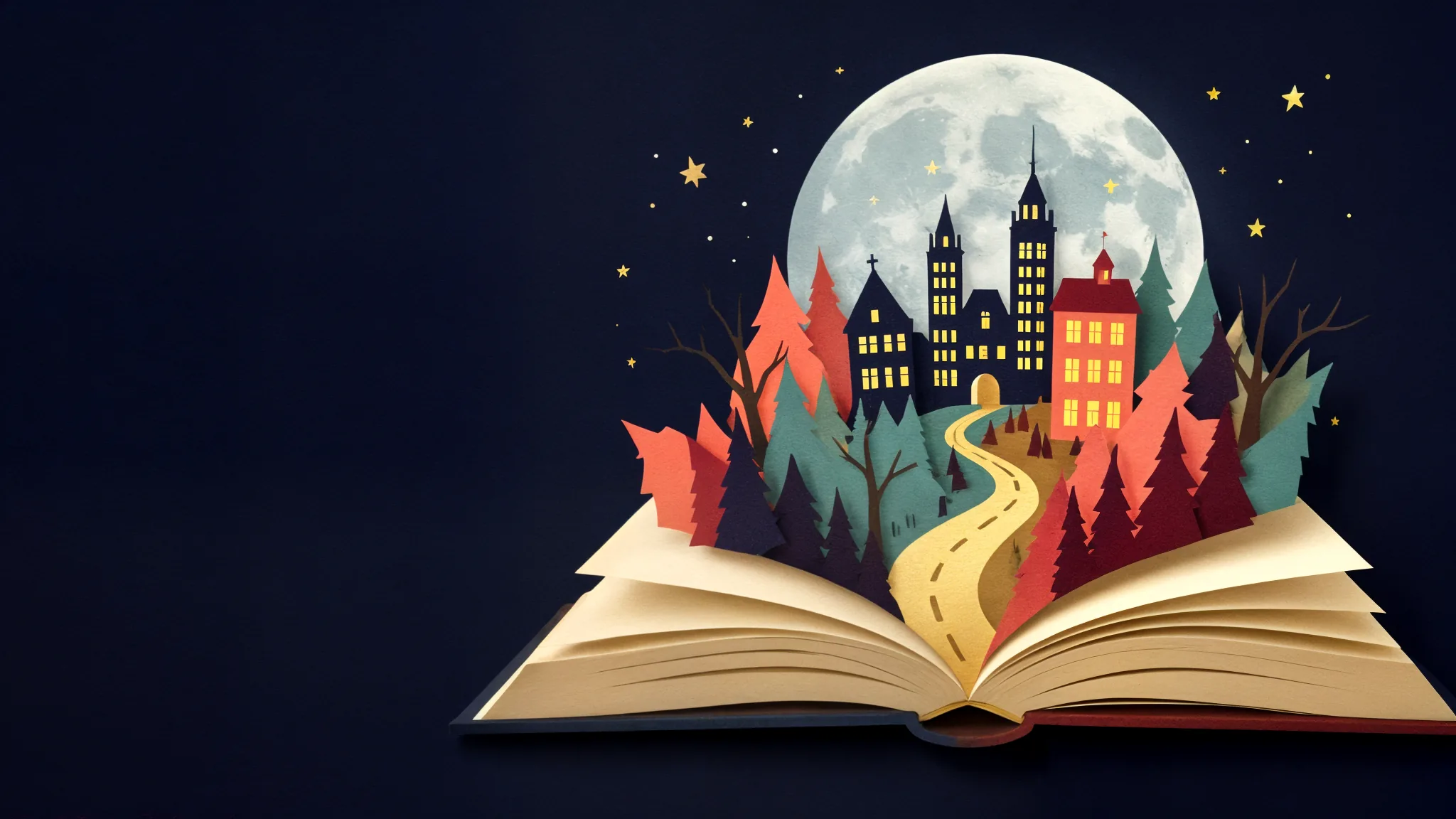 An open book unfolding into a moonlit world of stories
