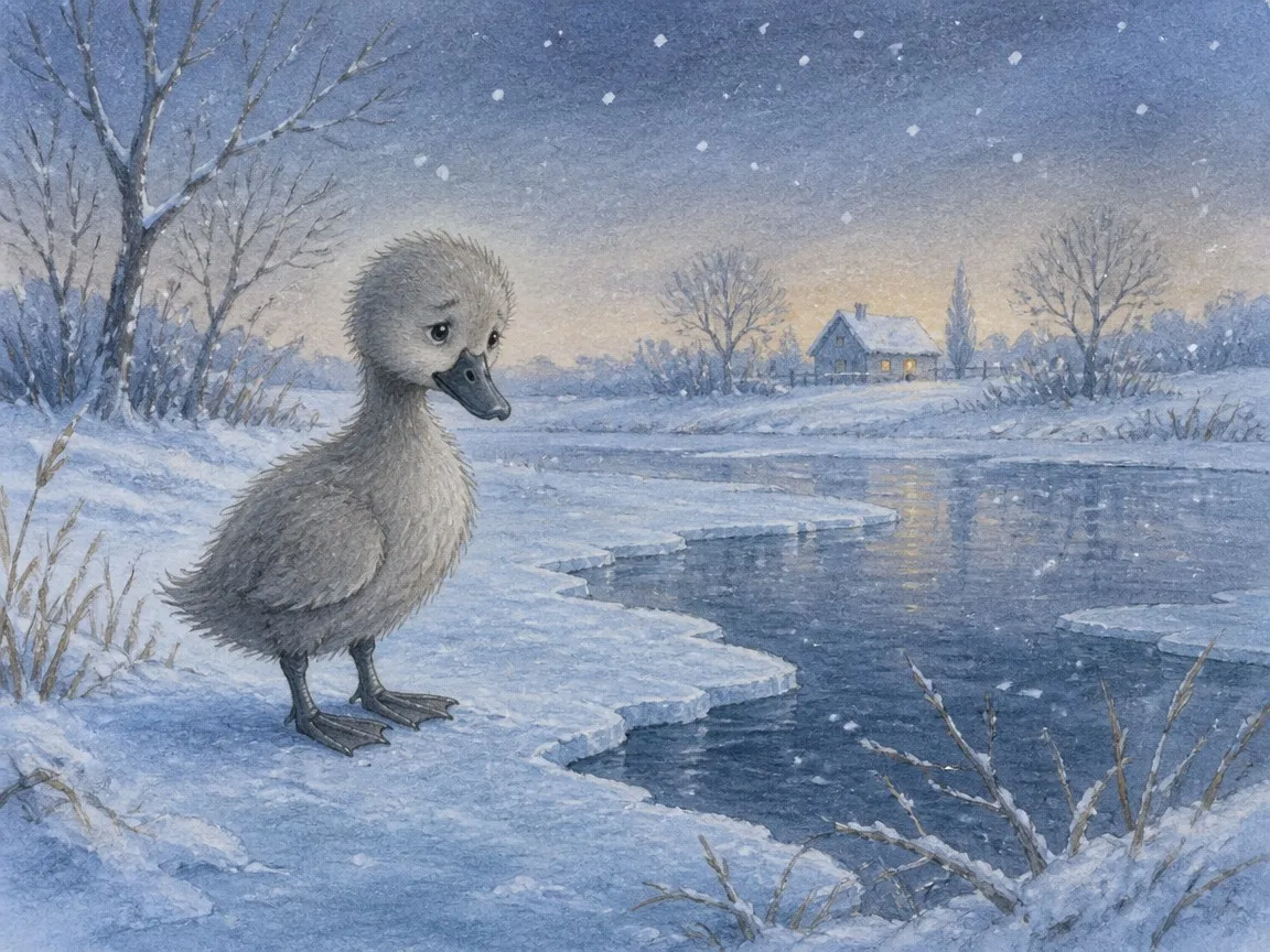The lonely duckling surviving the frozen winter pond all by himself, Ugly Duckling story illustration