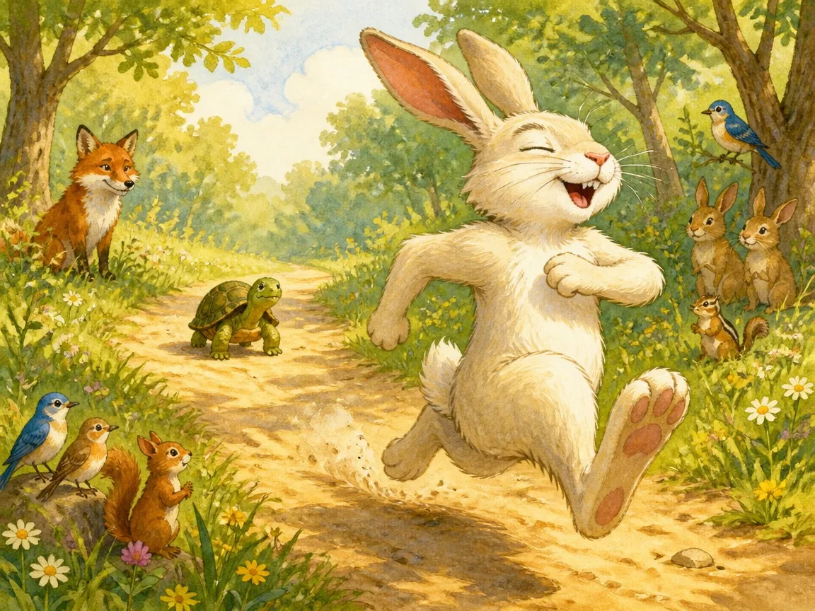 The hare sprinting far ahead of the slow tortoise at the start of the race, Tortoise and the Hare traditional story illustration