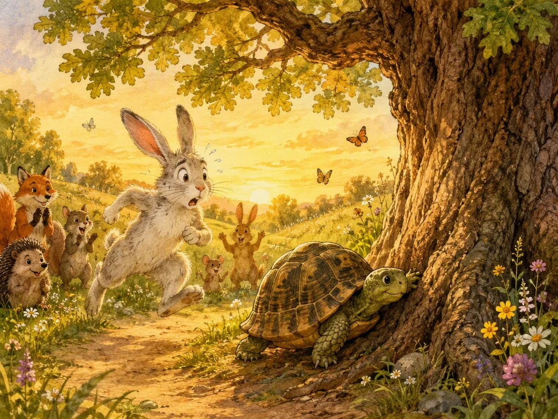 The tortoise crossing the finish line at the oak tree while the surprised hare arrives just behind, Tortoise and the Hare story illustration