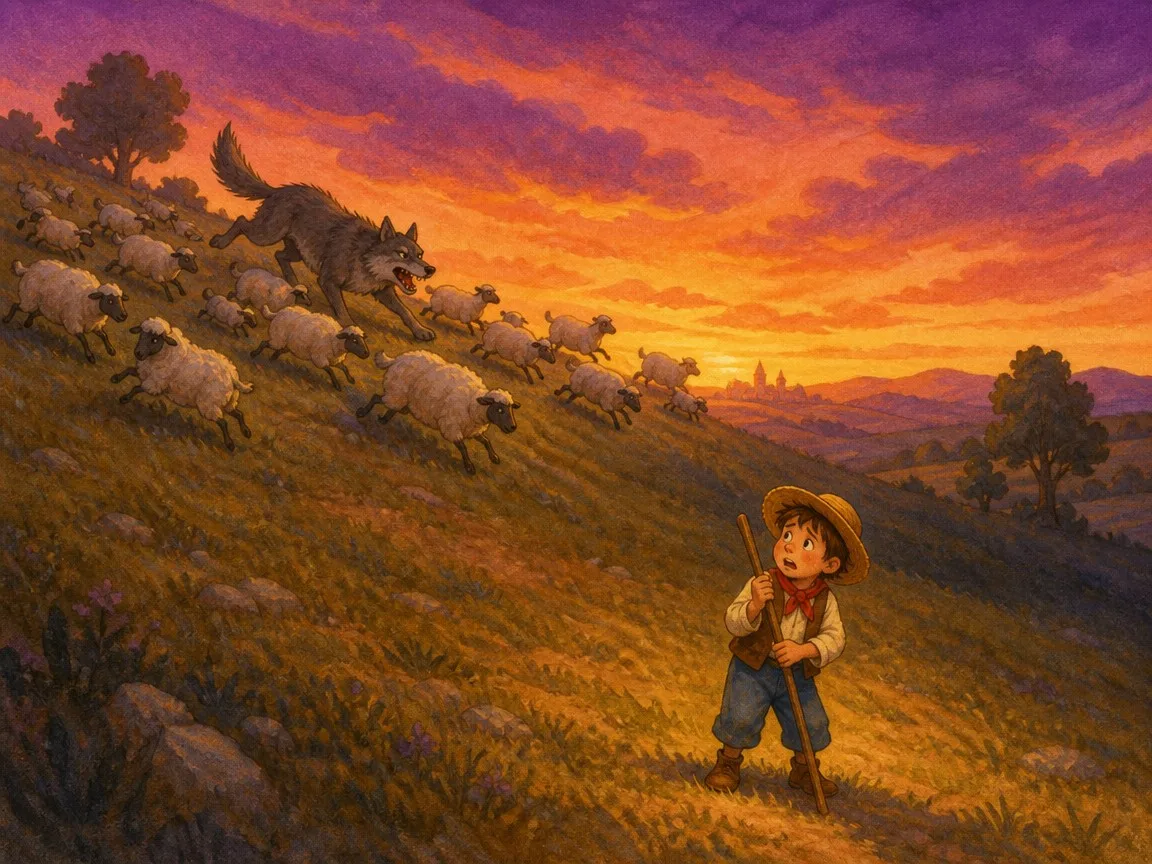 A grey wolf among the sheep at dusk while the shepherd boy stands alone crying for help, Boy Who Cried Wolf story illustration