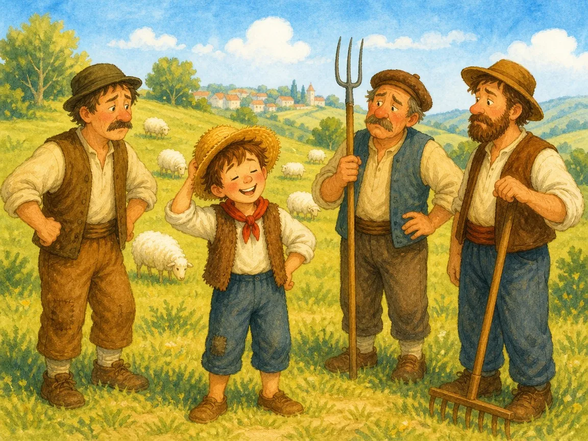 Annoyed villagers confronting the laughing shepherd boy after his second false alarm, Boy Who Cried Wolf story illustration