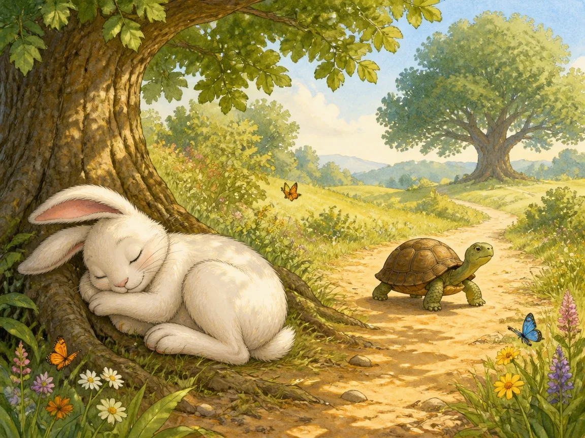 The hare sleeping under a tree while the tortoise quietly passes him during the race, Tortoise and the Hare story illustration