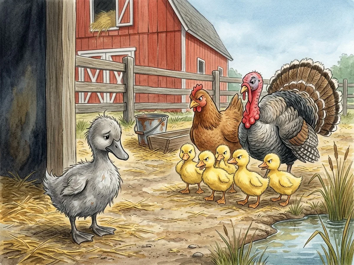 The grey ugly duckling standing apart from his yellow duckling brothers and sisters in the barnyard, Ugly Duckling story illustration