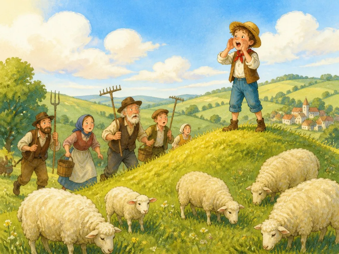The shepherd boy crying wolf while the villagers run up the hill, Boy Who Cried Wolf folk story illustration