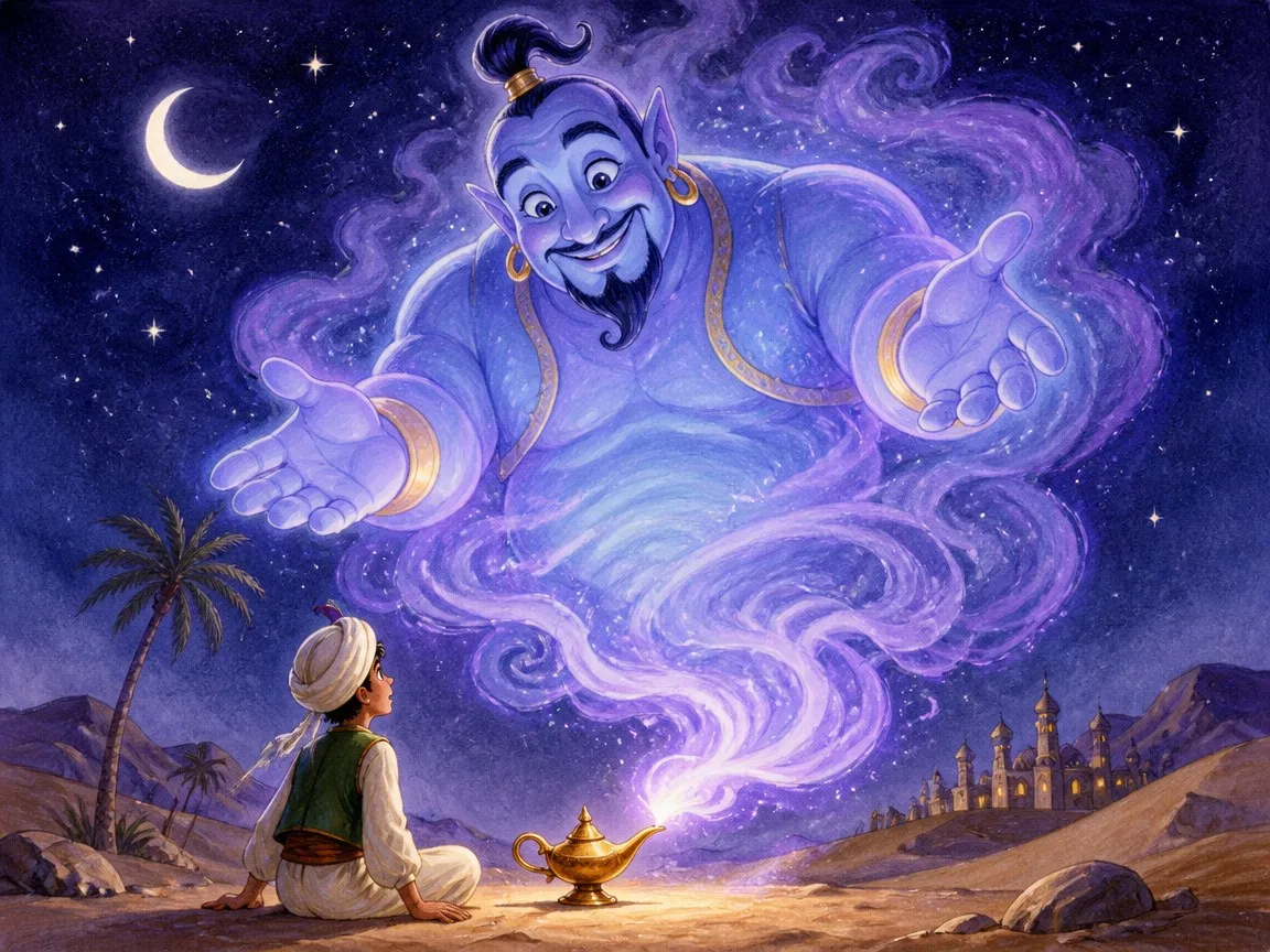 The friendly genie rising from the magic lamp in a cloud of purple smoke in front of Aladdin, Aladdin story illustration