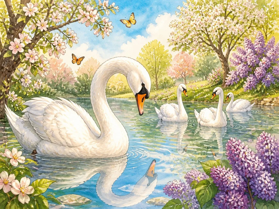 The duckling discovering his reflection as a beautiful white swan among the swans in the spring garden pond, Ugly Duckling story illustration