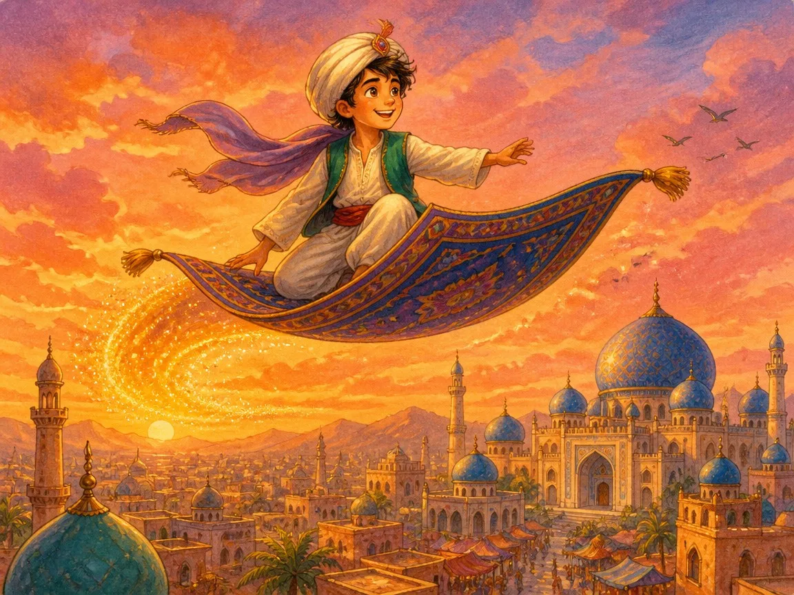Aladdin flying home on a magic carpet with his palace and the city below him, Aladdin story illustration