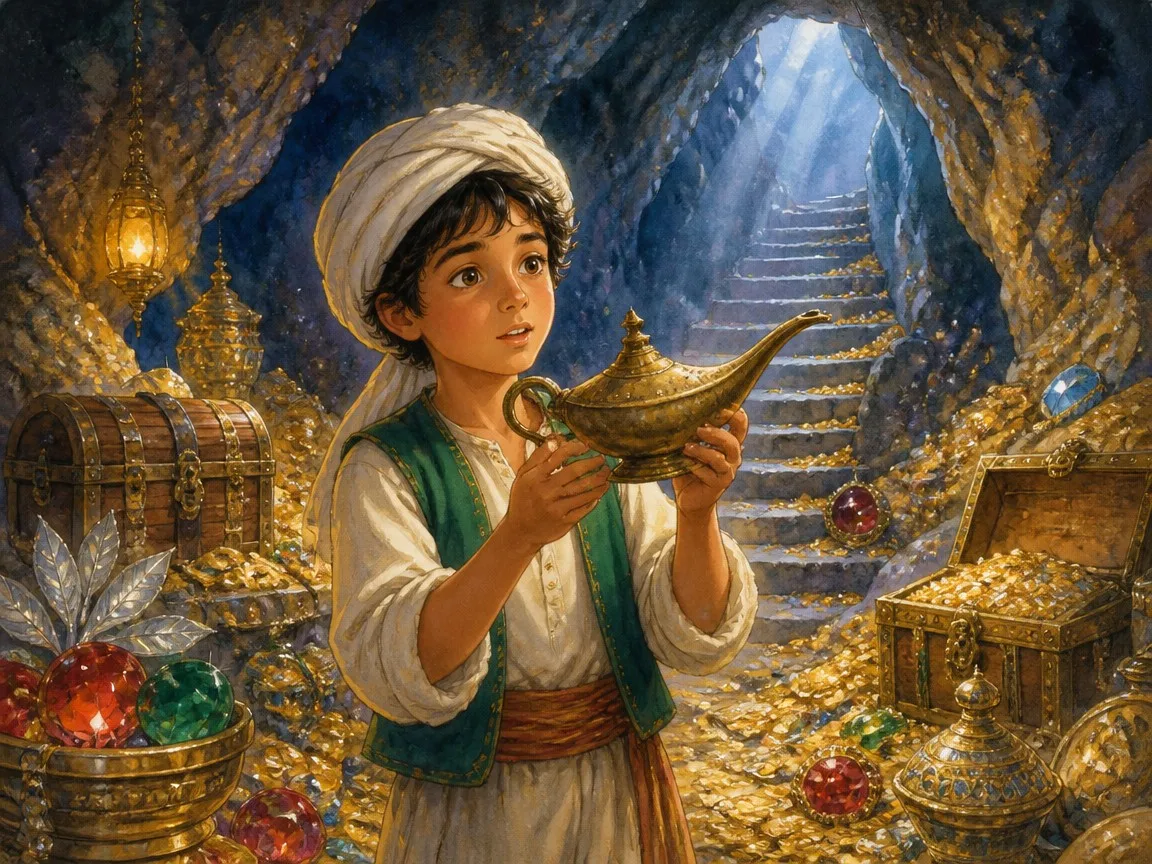 Aladdin entering the dark cave of wonders and finding a shining magic lamp, Aladdin world story illustration