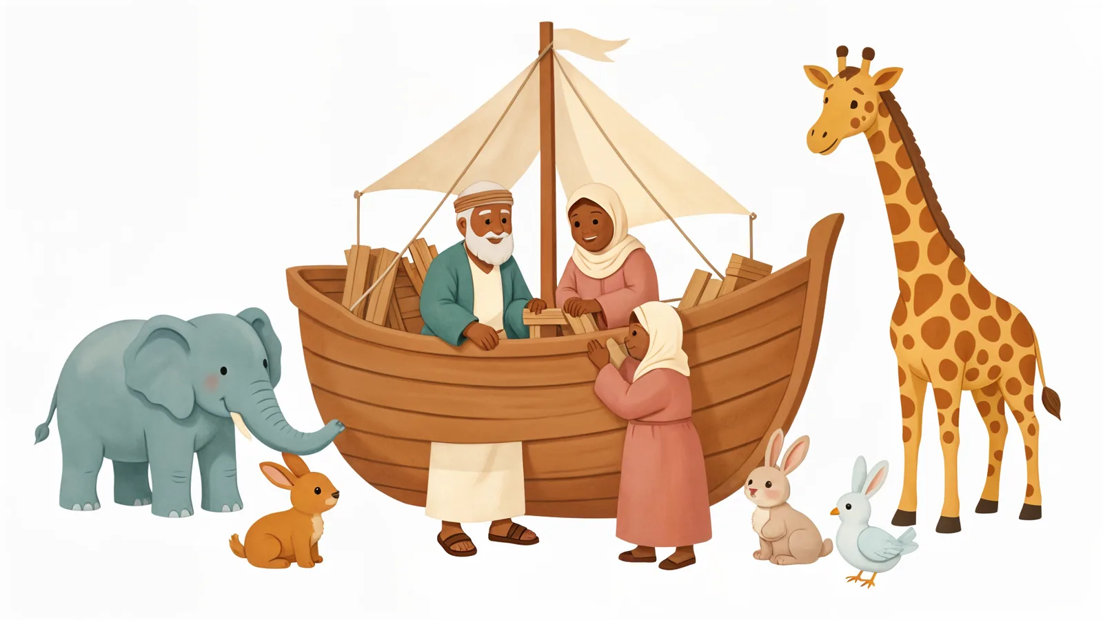 Noah welcoming pairs of animals beside the ark in a white-background 2D picture-book illustration