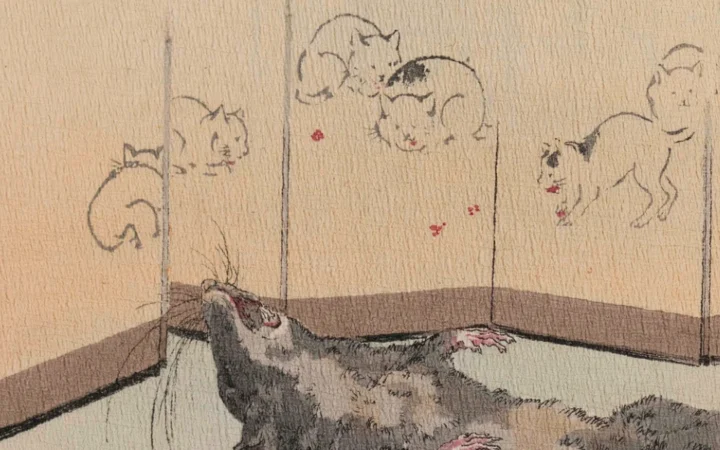 Painted cats surround the defeated giant goblin rat in The Boy Who Drew Cats