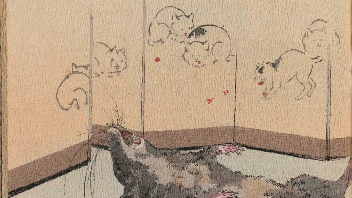 Painted cats surround the defeated giant goblin rat in The Boy Who Drew Cats