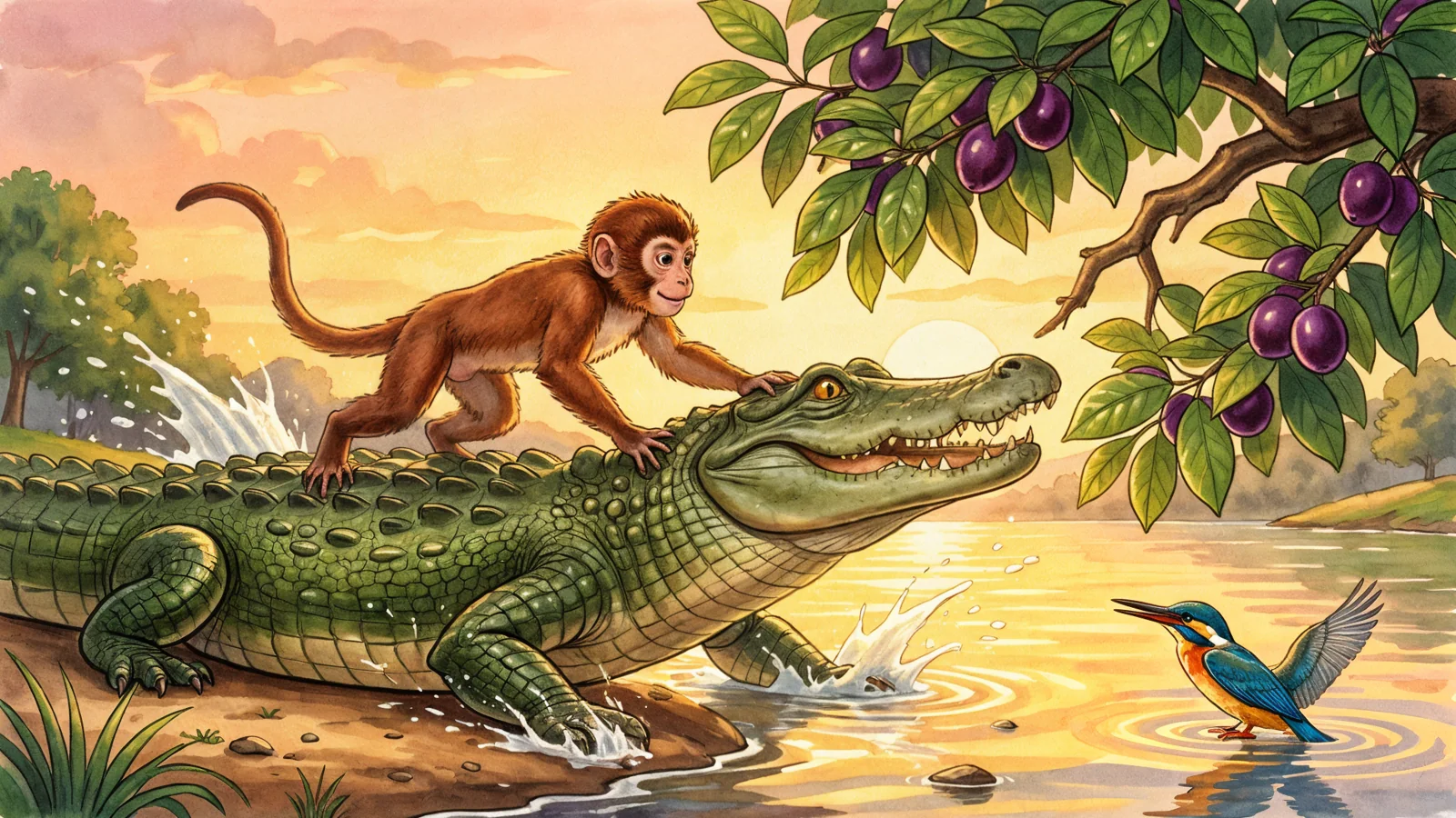 Clever monkey escaping from the crocodile into the jamun tree