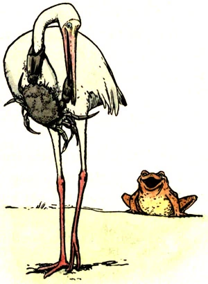 The clever crab confronts the deceitful white crane beside the pond