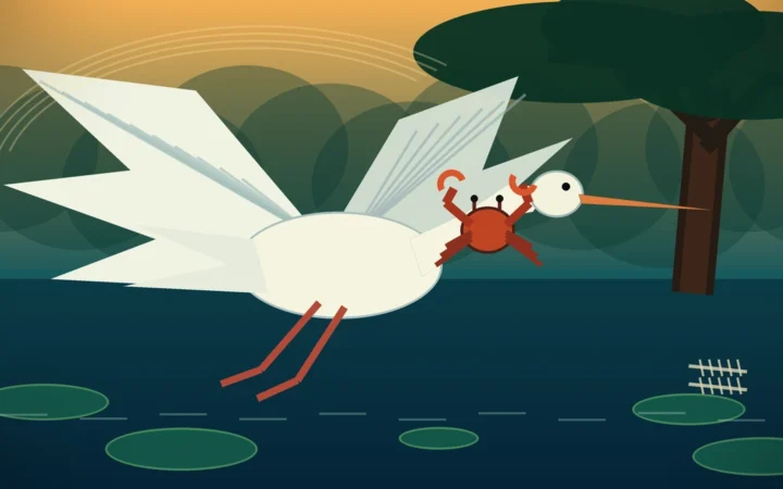 A clever orange crab grips a white crane during a tense flight over a lotus pond