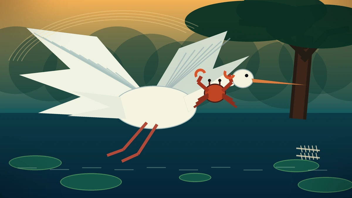 A clever orange crab grips a white crane during a tense flight over a lotus pond