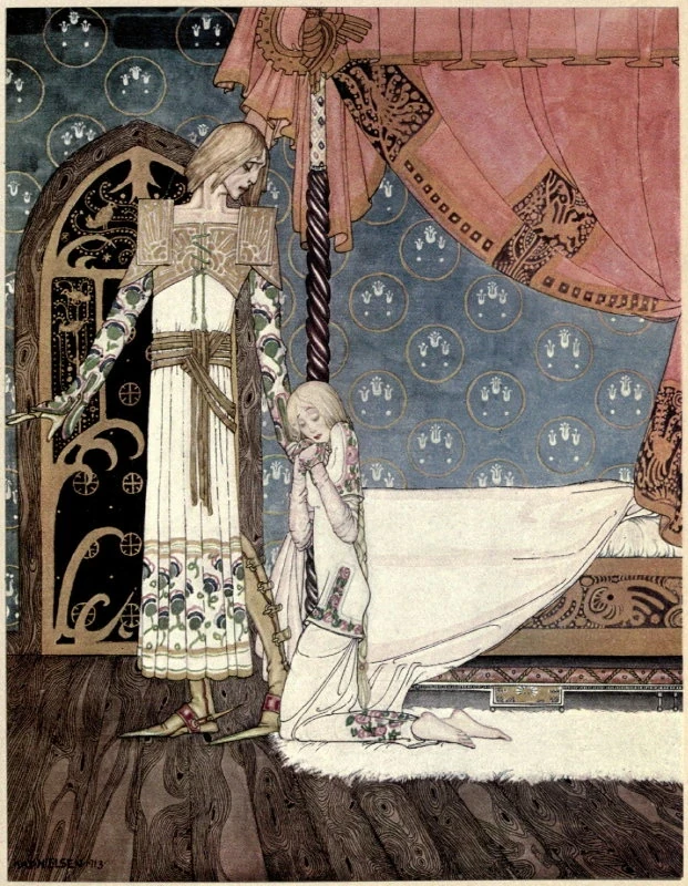 The enchanted prince says farewell to the sorrowful young woman in the mountain palace