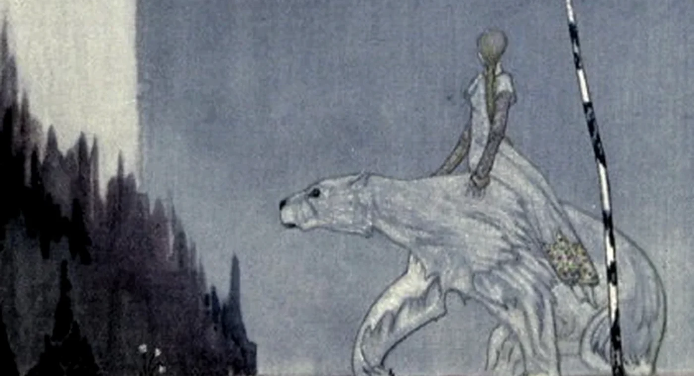 A young Norwegian woman rides the white bear through a moonlit forest
