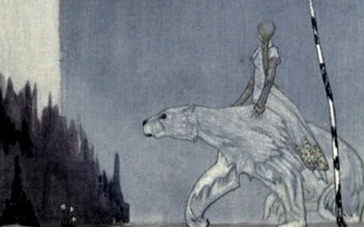A young Norwegian woman rides the white bear through a moonlit forest