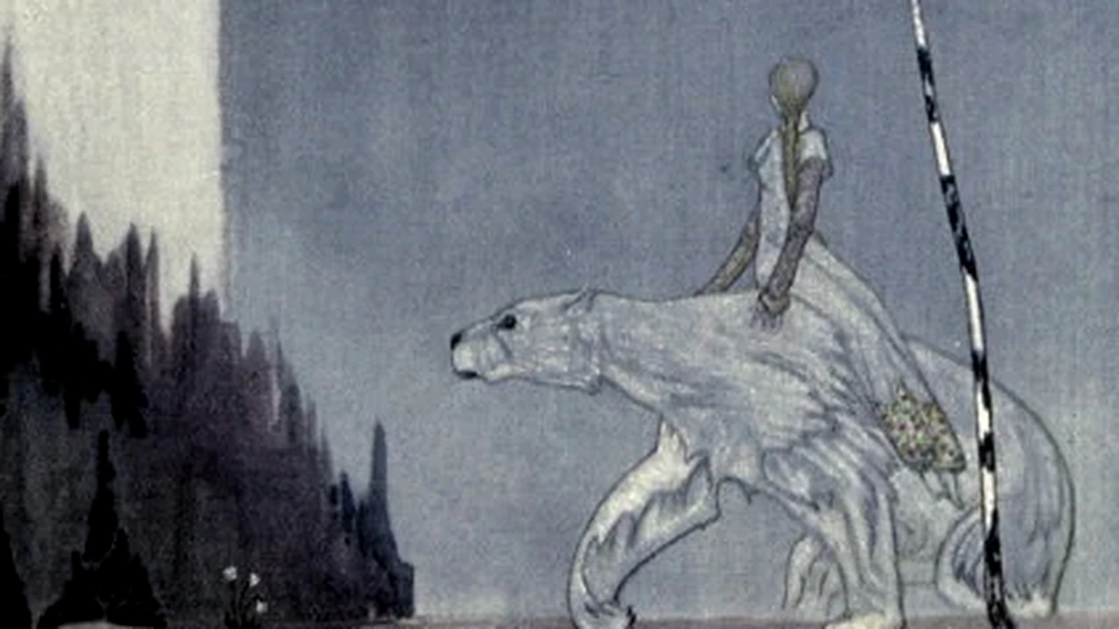 A young Norwegian woman riding the white bear beneath the moon