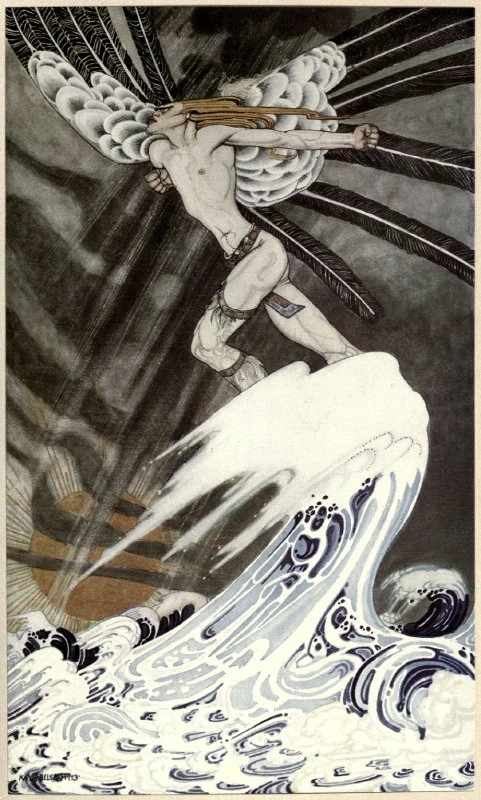 The North Wind carries the young woman across a stormy sea toward the troll castle