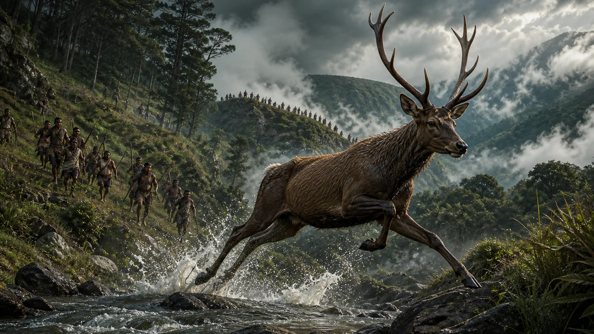 Stag Lapalang leaps across a rocky hill stream while distant hunters follow through the cloud-covered Khasi Hills