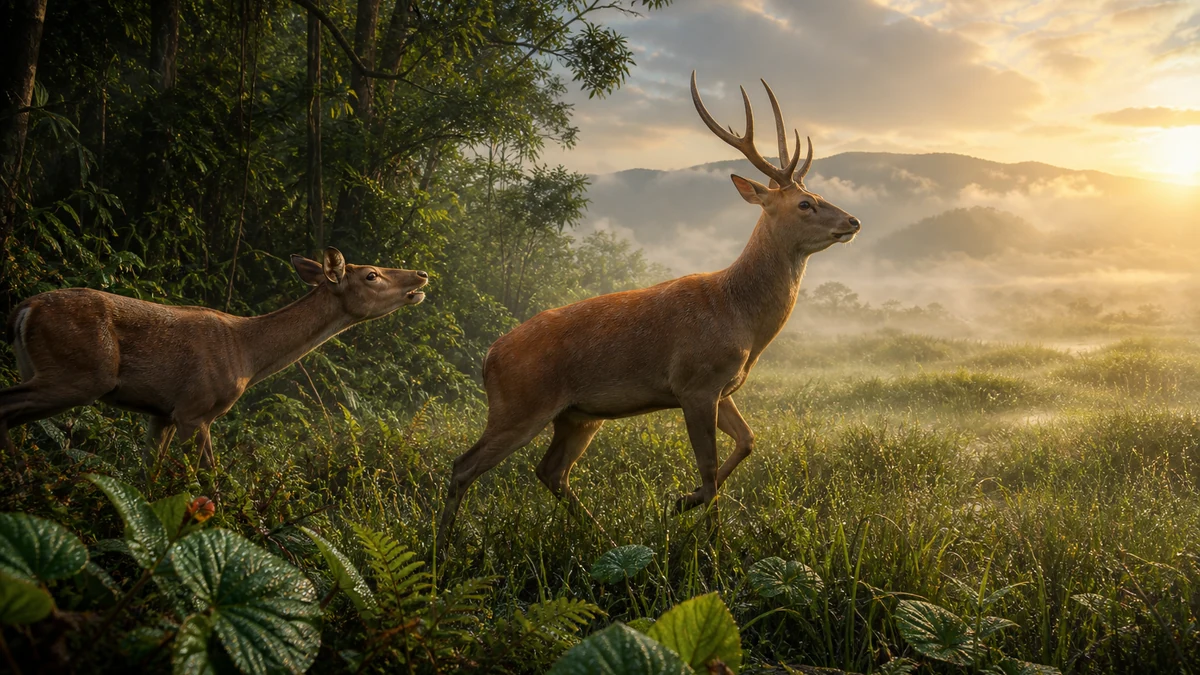 The proud young Stag Lapalang walks toward the sunlit Khasi Hills while his worried mother calls after him from the forest