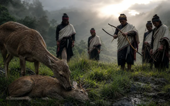 The mother deer bends over the fallen Stag Lapalang as remorseful Khasi hunters break their bows on a misty Shillong slope