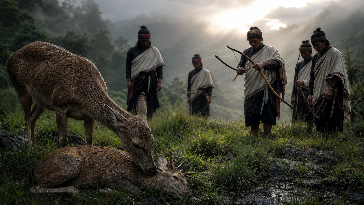 The mother deer bends over the fallen Stag Lapalang as remorseful Khasi hunters break their bows on a misty Shillong slope