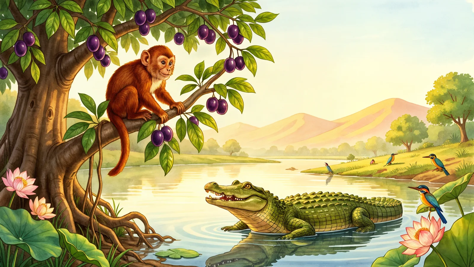 Monkey sharing jamun fruit with a crocodile beside an Indian river