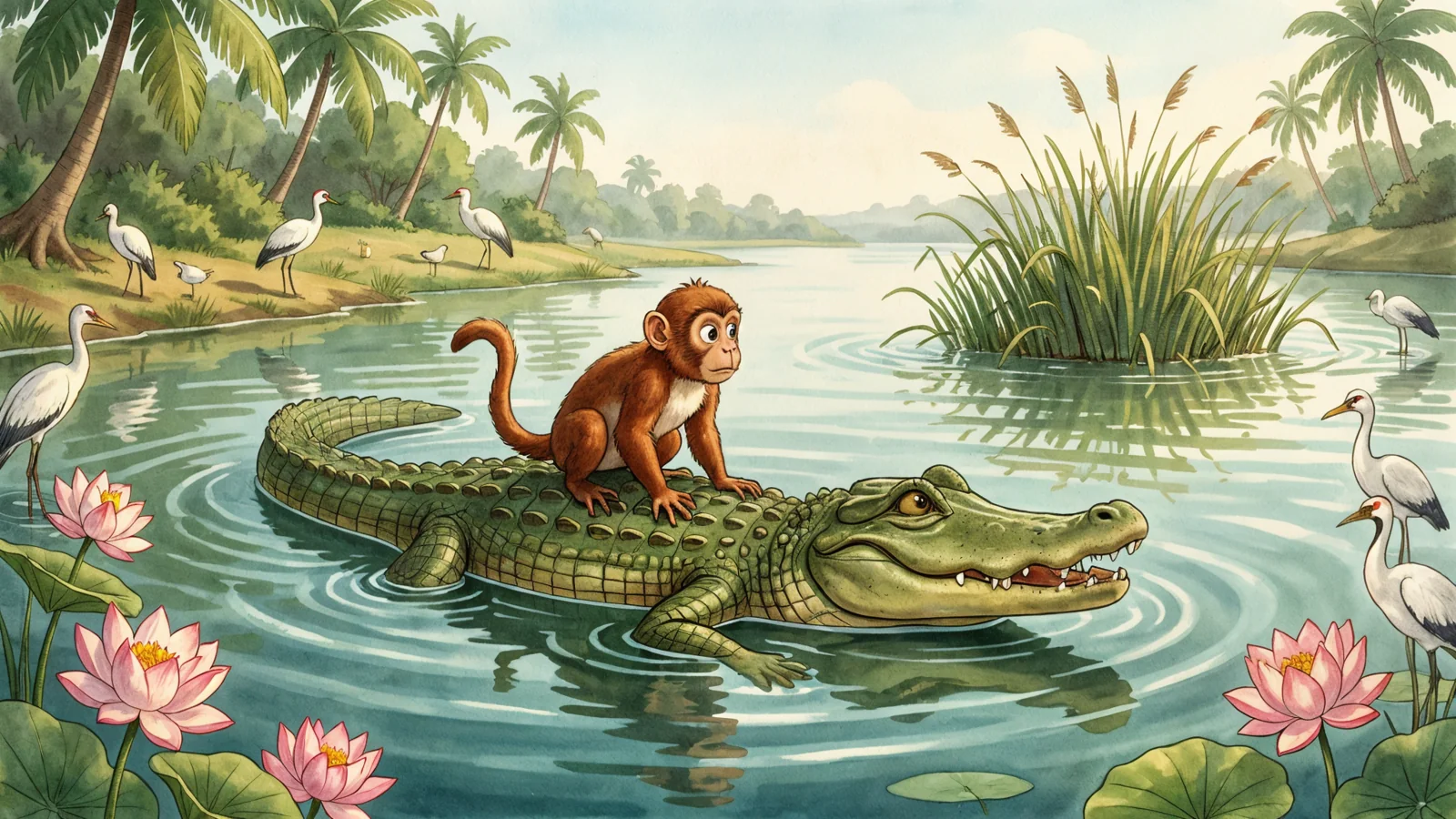 Monkey riding a crocodile across a wide river in India