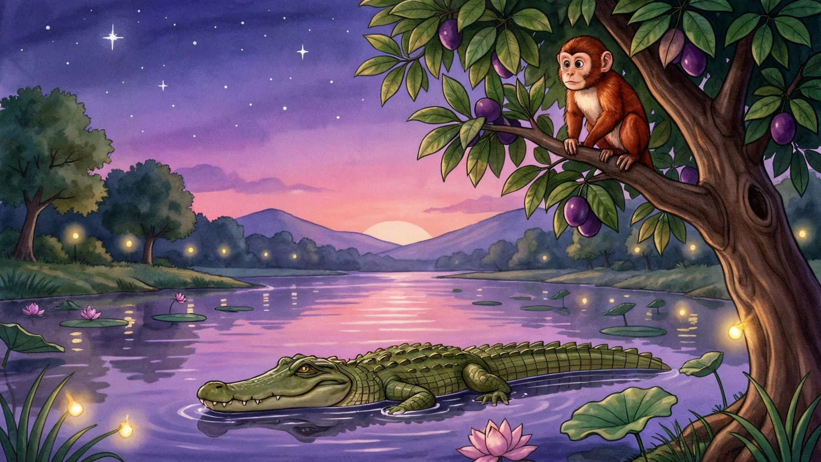 Monkey watching the crocodile leave at sunset after their friendship ends
