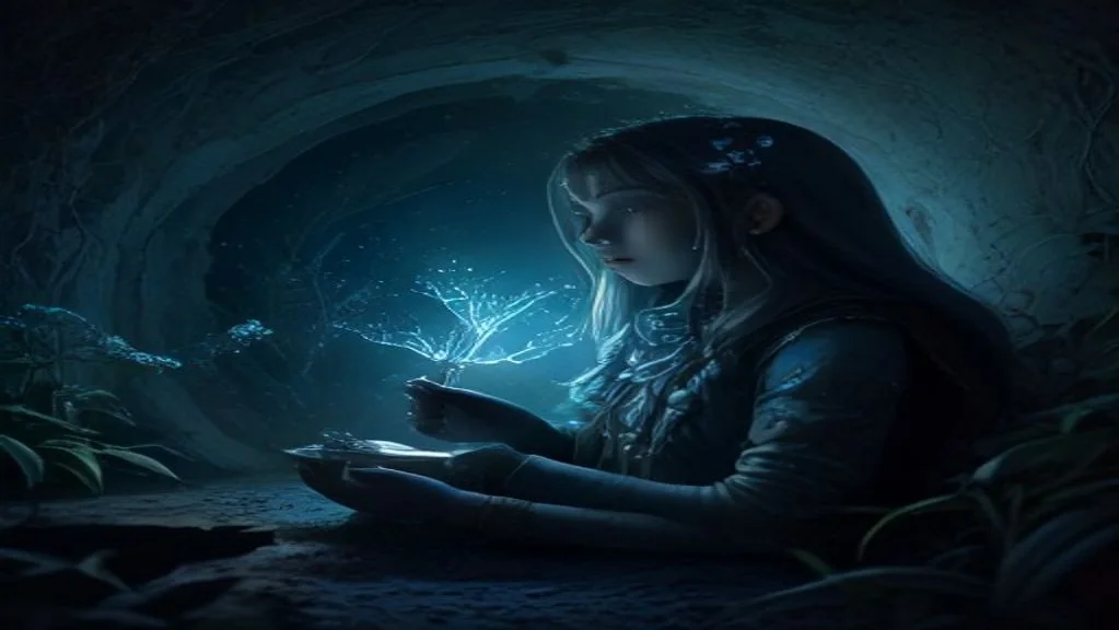 Tara watches the luminous moonseed grow inside the hidden lunar library