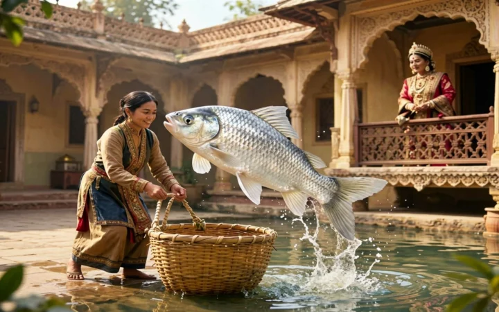 A silver fish leaps from a fisherwoman’s basket as an Indian queen watches from a palace balcony