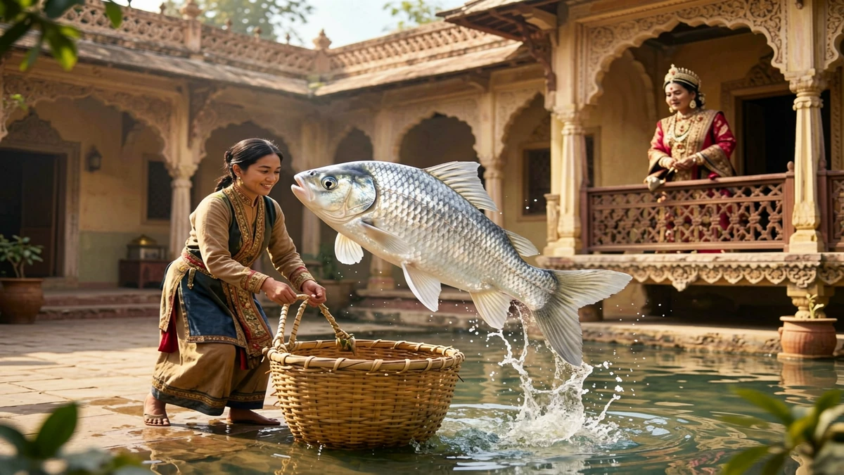 A silver fish leaps from a fisherwoman’s basket as an Indian queen watches from a palace balcony