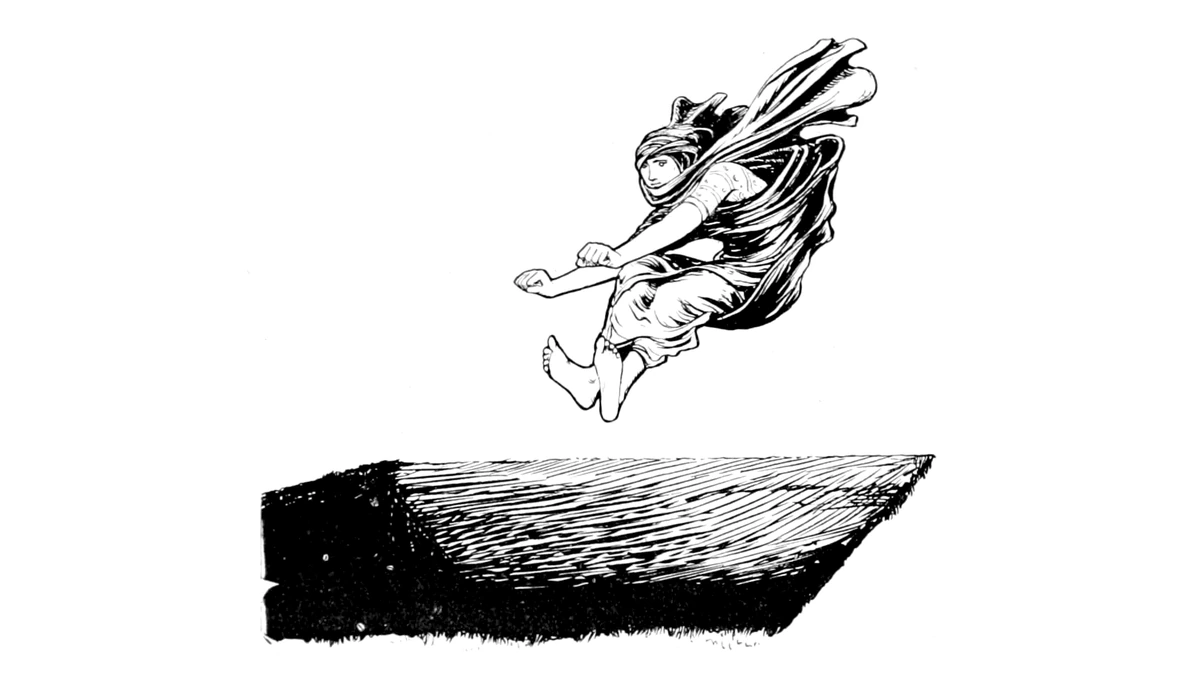 A disguised palace attendant leaps across a pit in John D. Batten’s 1892 illustration