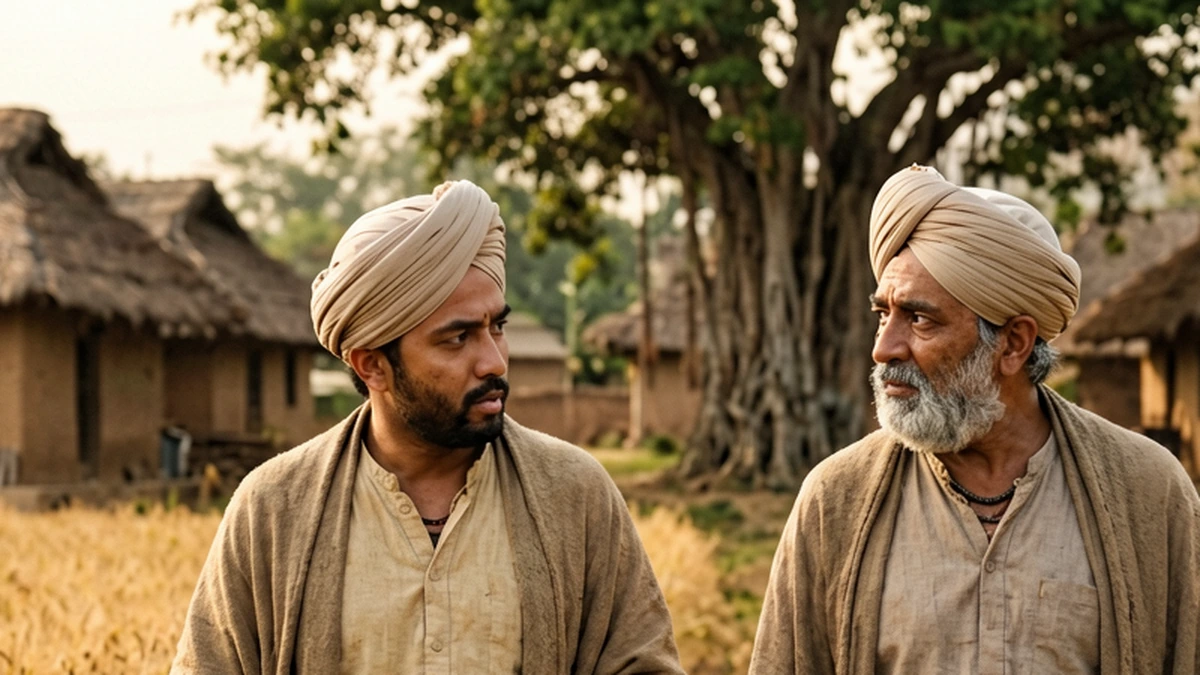 The vizier’s son and an older farmer discuss a riddle beside a golden grain field