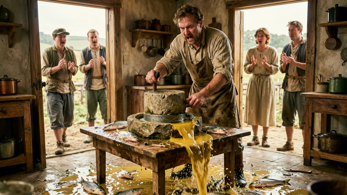 A frightened farmer tries to stop a magic hand mill flooding his kitchen with herrings and pottage