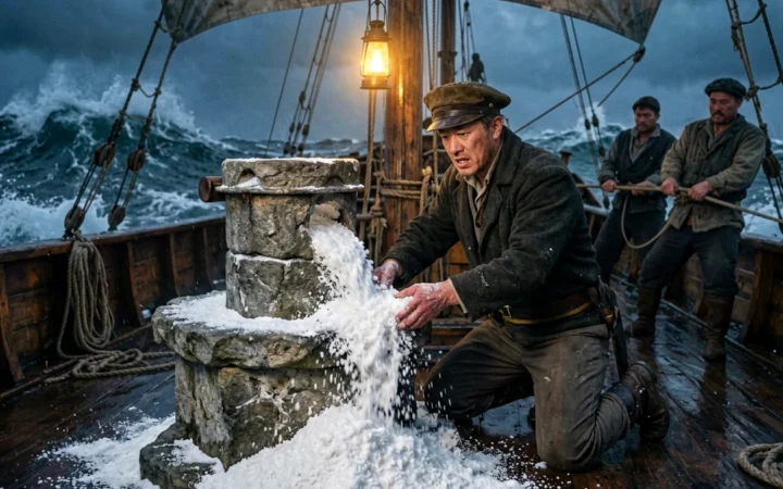 A frightened captain tries to stop a magic hand mill pouring salt across a storm-tossed ship