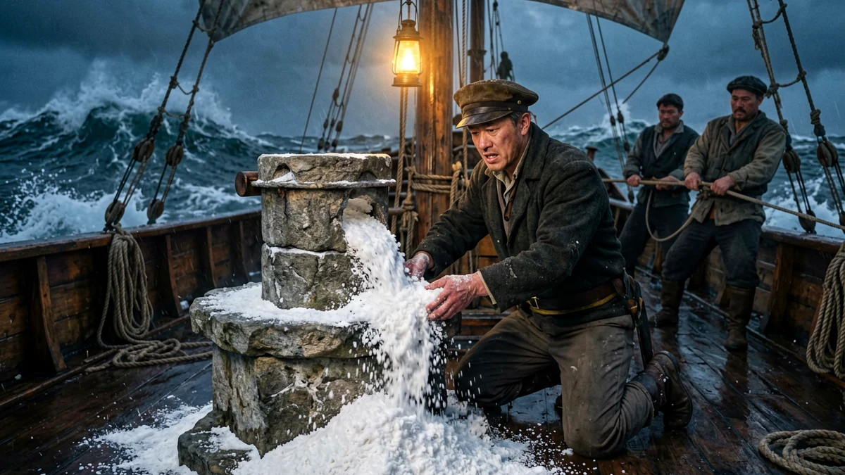A frightened captain tries to stop a magic hand mill pouring salt across a storm-tossed ship