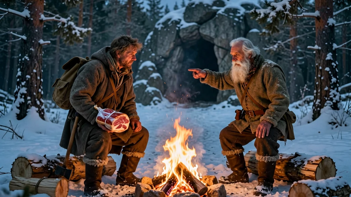A poor traveler carrying ham listens to an old woodcutter beside a fire in a snowy Norwegian forest