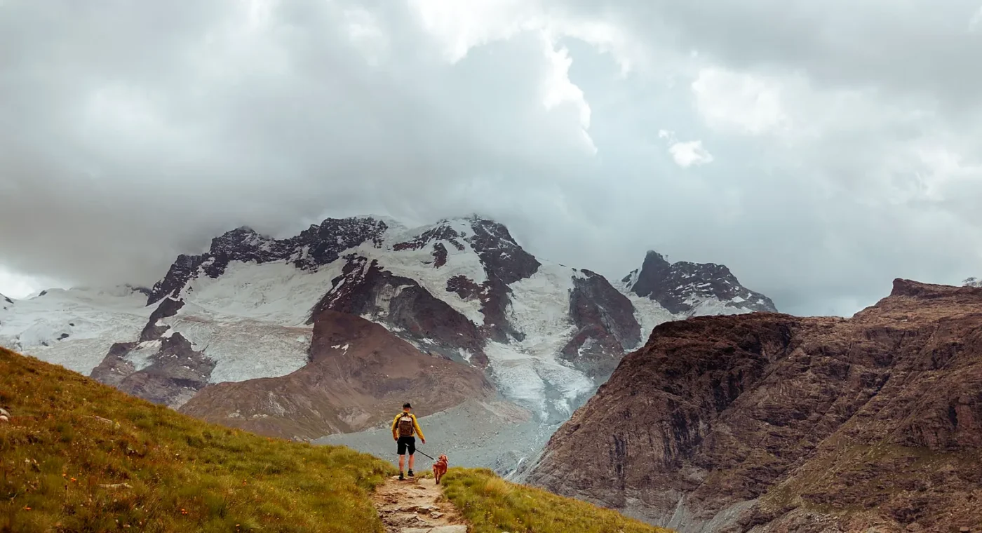 A traveller and his faithful dog walking toward a mountain summit