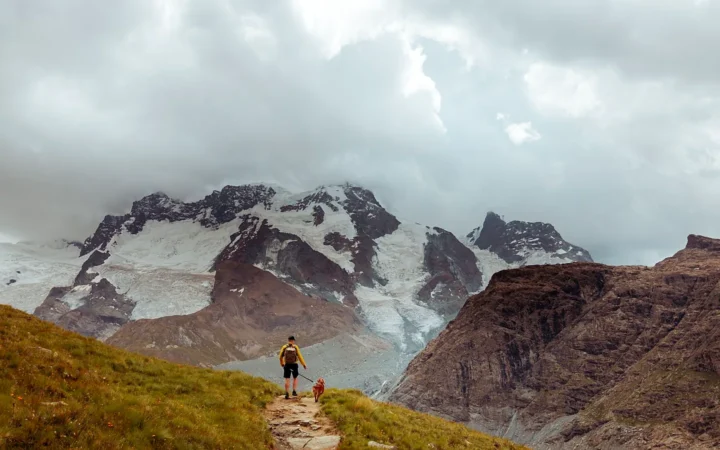 A traveller and his faithful dog walking toward a mountain summit